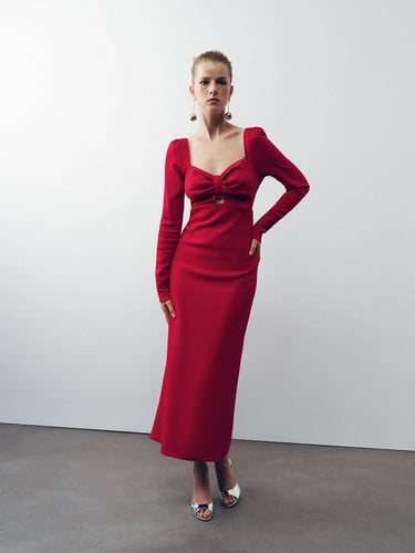  Pencere Detaylı Midi Elbise