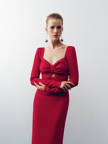  Pencere Detaylı Midi Elbise