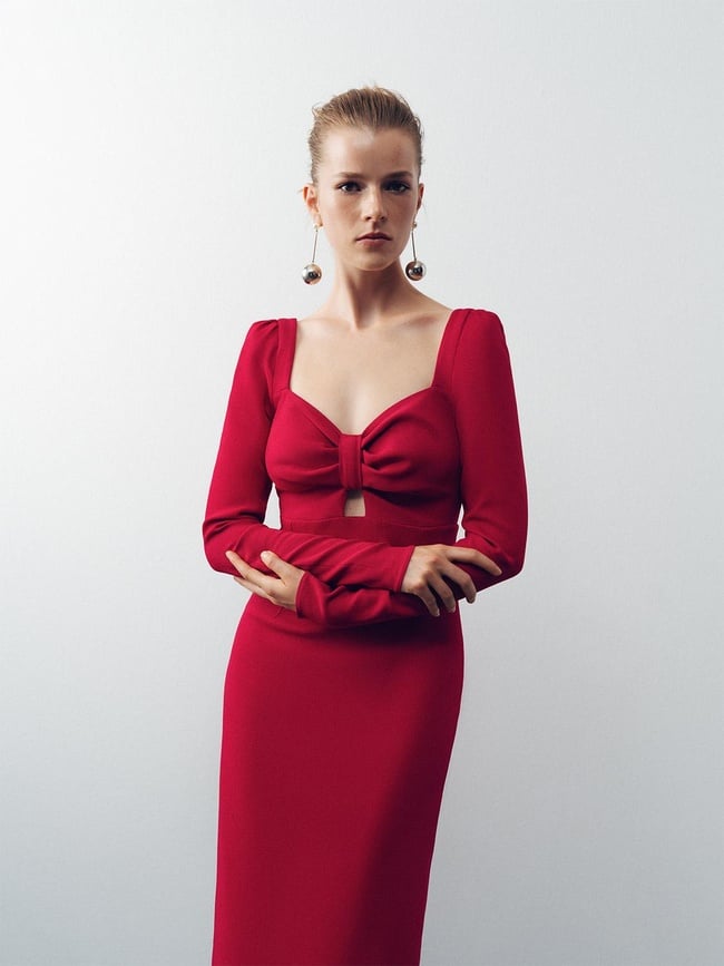  Pencere Detaylı Midi Elbise