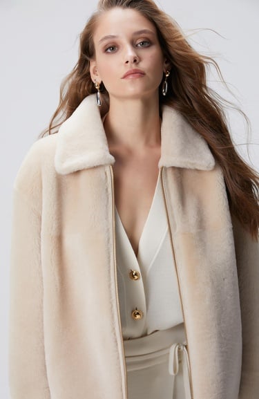  Network Kadın Bej Çift Taraflı Deri Kaban