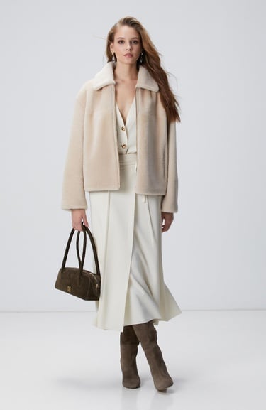  Network Kadın Bej Çift Taraflı Deri Kaban