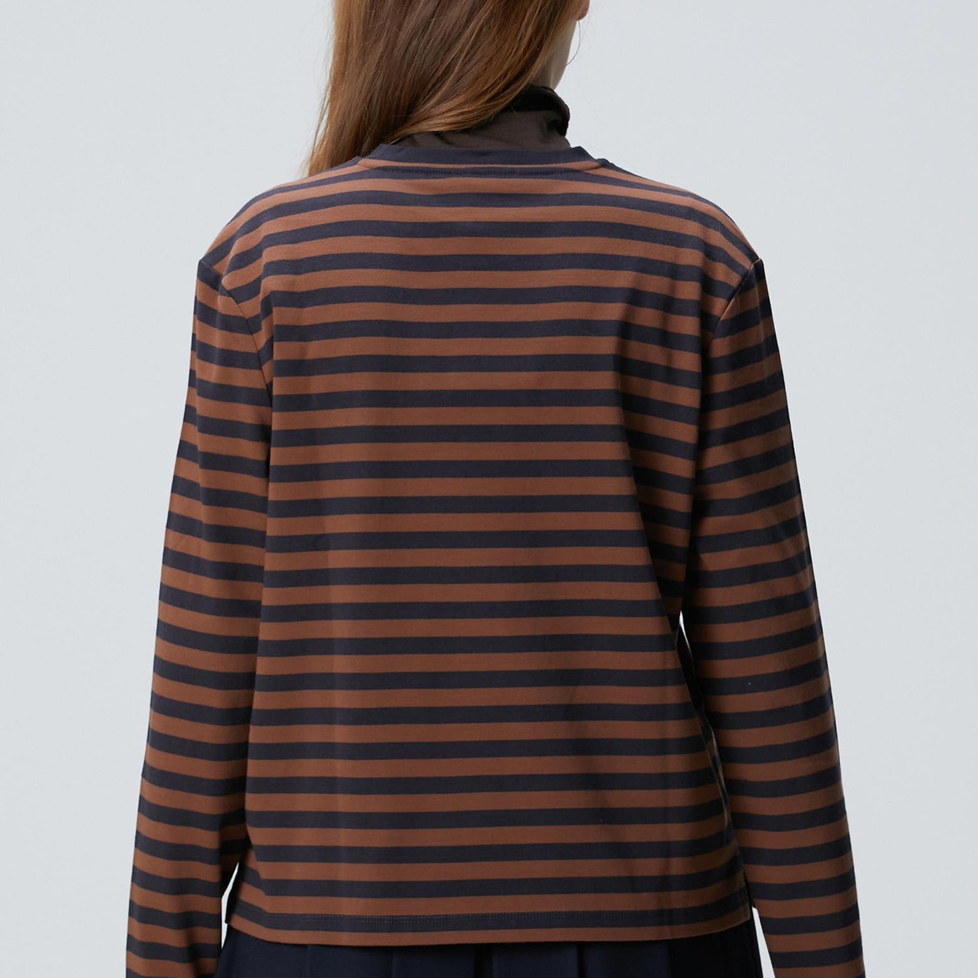 Network Kadın Lacivert Kahverengi Boncuk Nakışlı Çizgili T-shirt