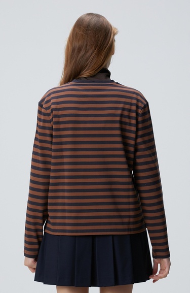  Network Kadın Lacivert Kahverengi Boncuk Nakışlı Çizgili T-shirt