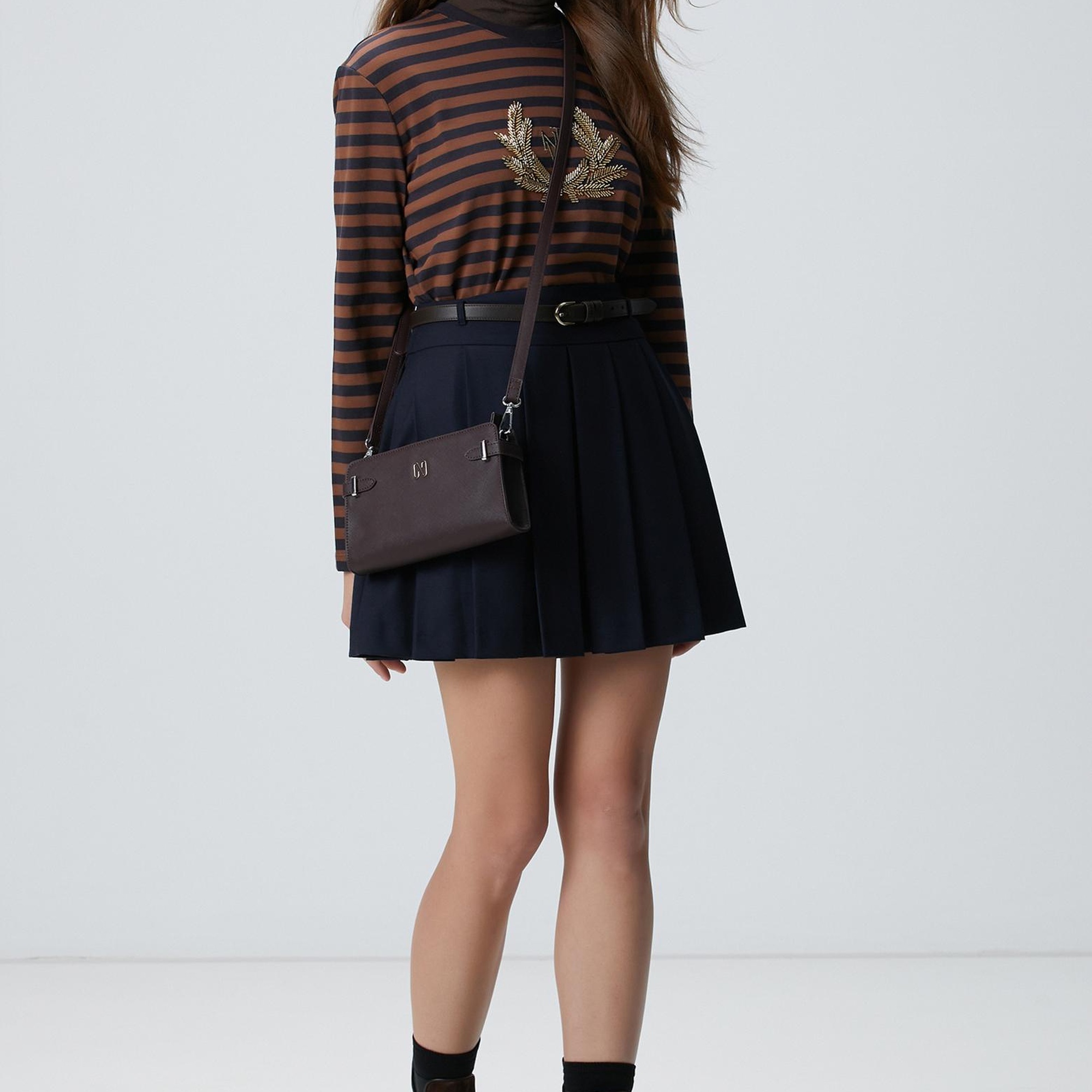 Network Kadın Lacivert Kahverengi Boncuk Nakışlı Çizgili T-shirt