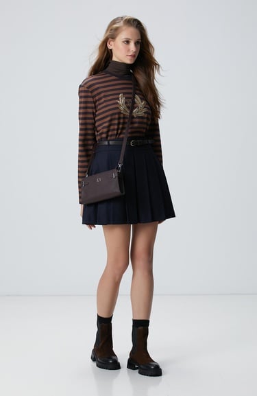  Network Kadın Lacivert Kahverengi Boncuk Nakışlı Çizgili T-shirt