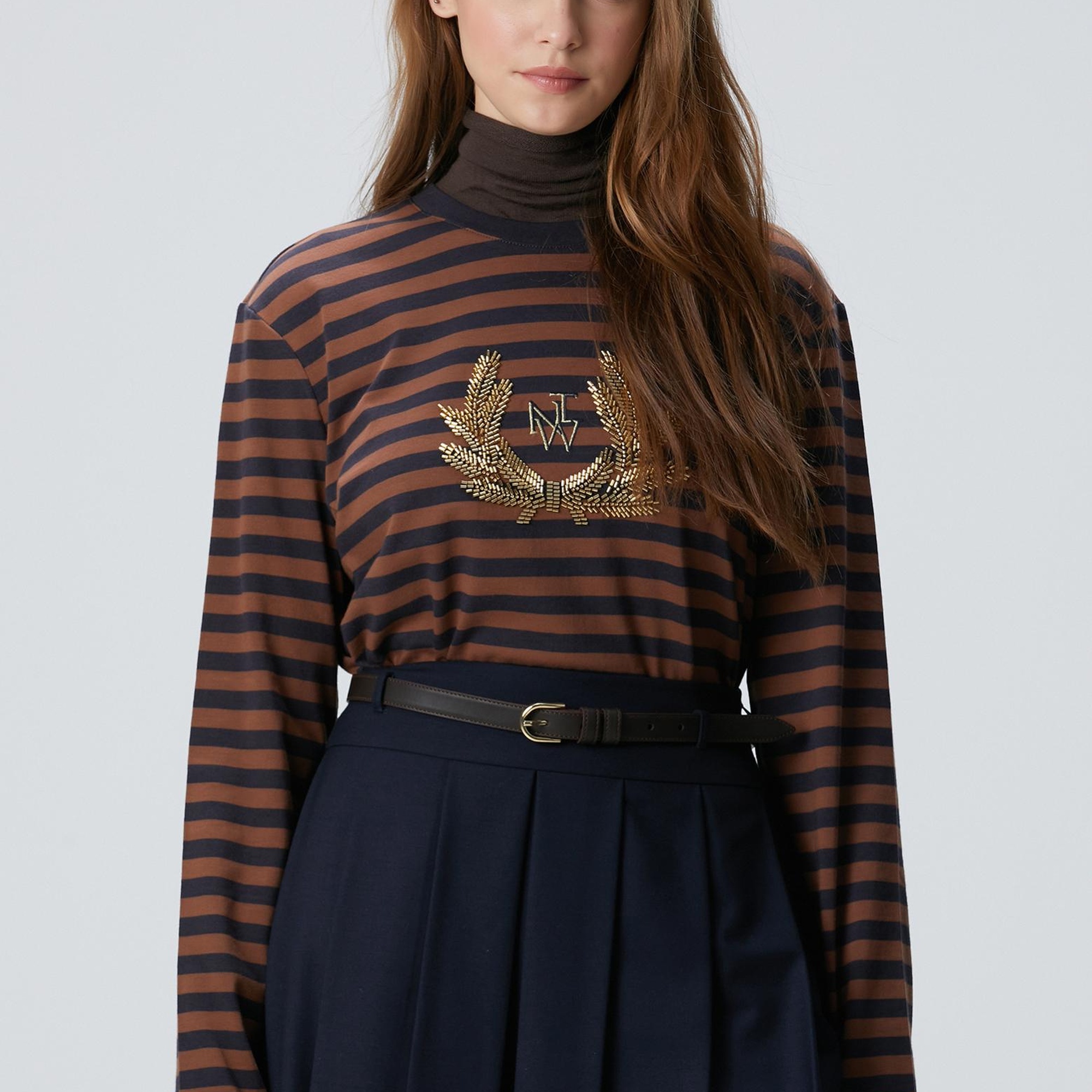 Network Kadın Lacivert Kahverengi Boncuk Nakışlı Çizgili T-shirt