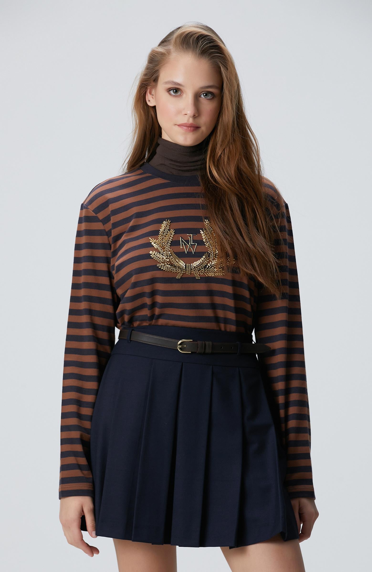 Network Kadın Lacivert Kahverengi Boncuk Nakışlı Çizgili T-shirt
