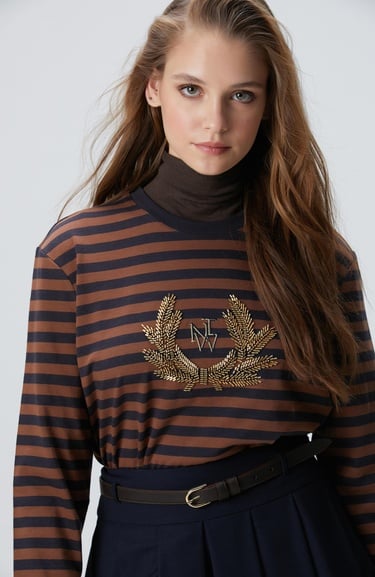 Network Kadın Lacivert Kahverengi Boncuk Nakışlı Çizgili T-shirt