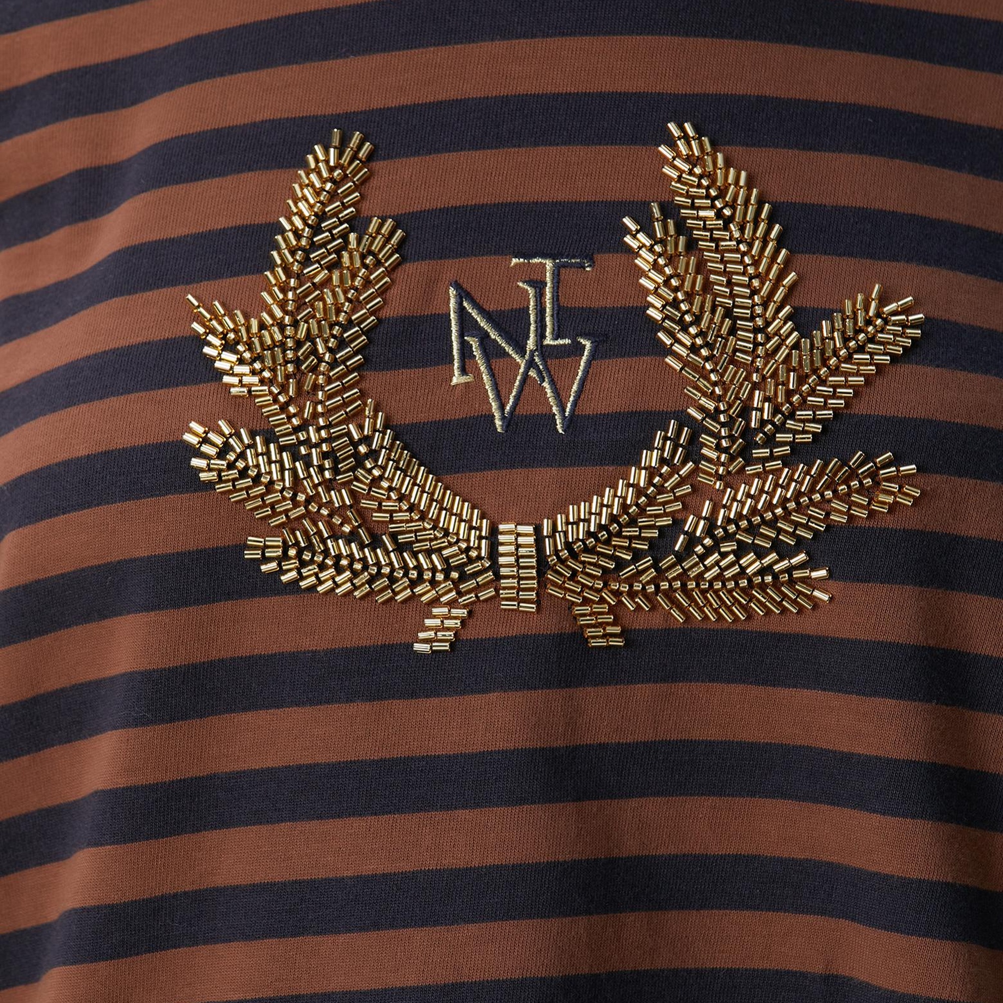 Network Kadın Lacivert Kahverengi Boncuk Nakışlı Çizgili T-shirt