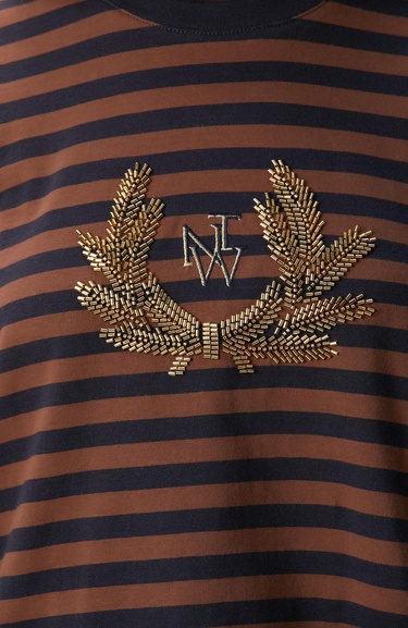  Network Kadın Lacivert Kahverengi Boncuk Nakışlı Çizgili T-shirt