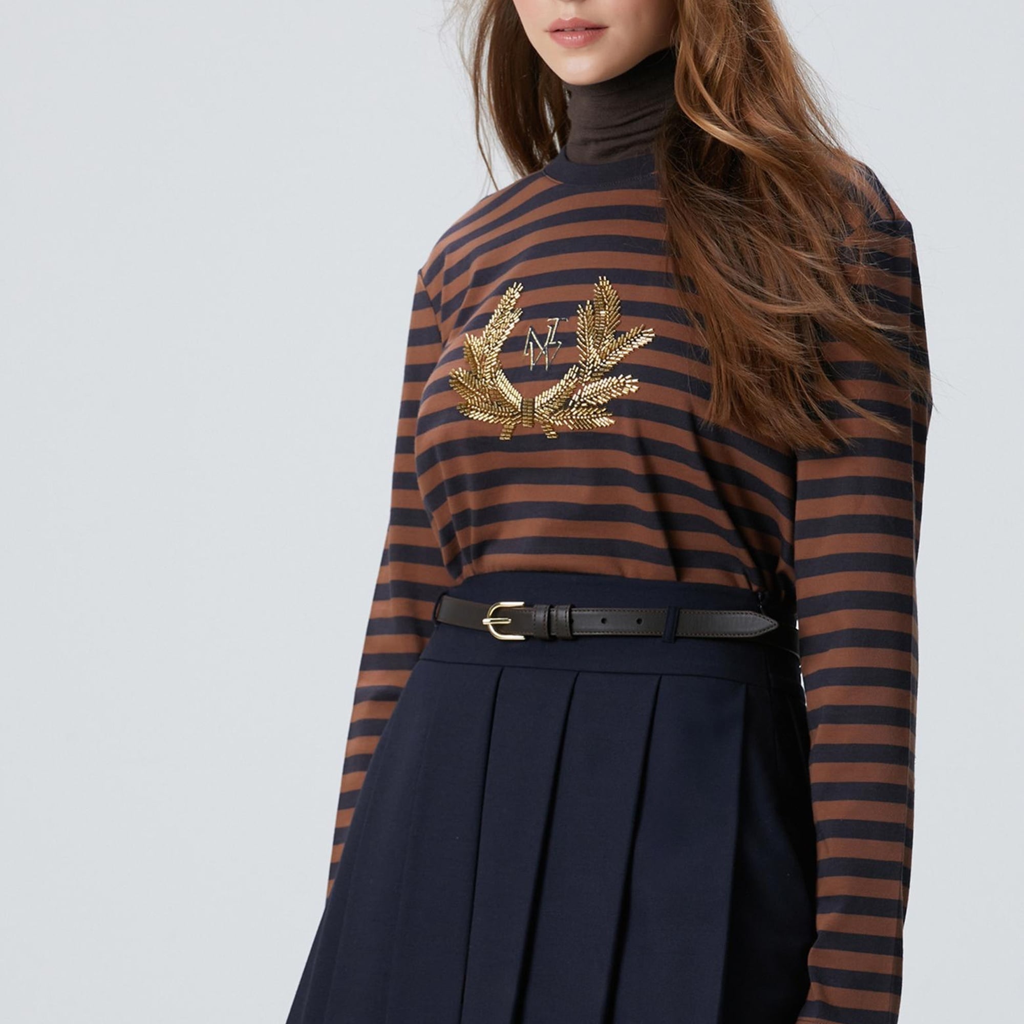 Network Kadın Lacivert Kahverengi Boncuk Nakışlı Çizgili T-shirt