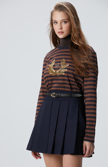  Network Kadın Lacivert Kahverengi Boncuk Nakışlı Çizgili T-shirt