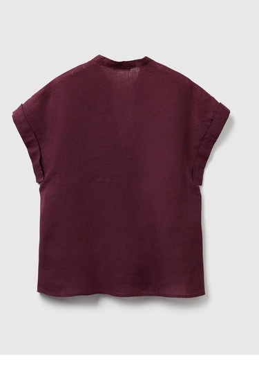  Kadın Mürdüm %100 Keten V Yaka Kimono Kol Bluz