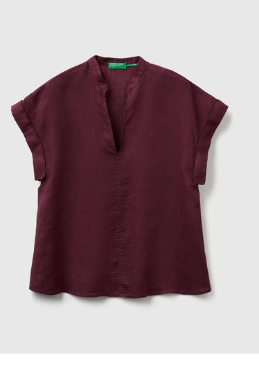  Kadın Mürdüm %100 Keten V Yaka Kimono Kol Bluz