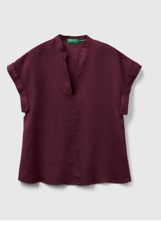  Kadın Mürdüm %100 Keten V Yaka Kimono Kol Bluz