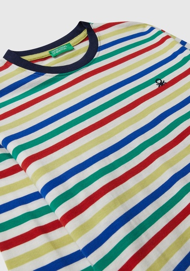  Erkek Çocuk Beyaz Mix Çizgili Logo Detaylı Nervürlü Uzun Kollu T-shirt