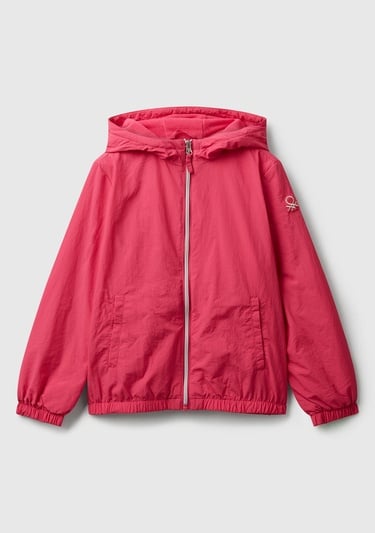  Kız Çocuk Açık MAvi Simli Logo Detaylı Cepli Kapüşonlu Jarse Yağmurluk