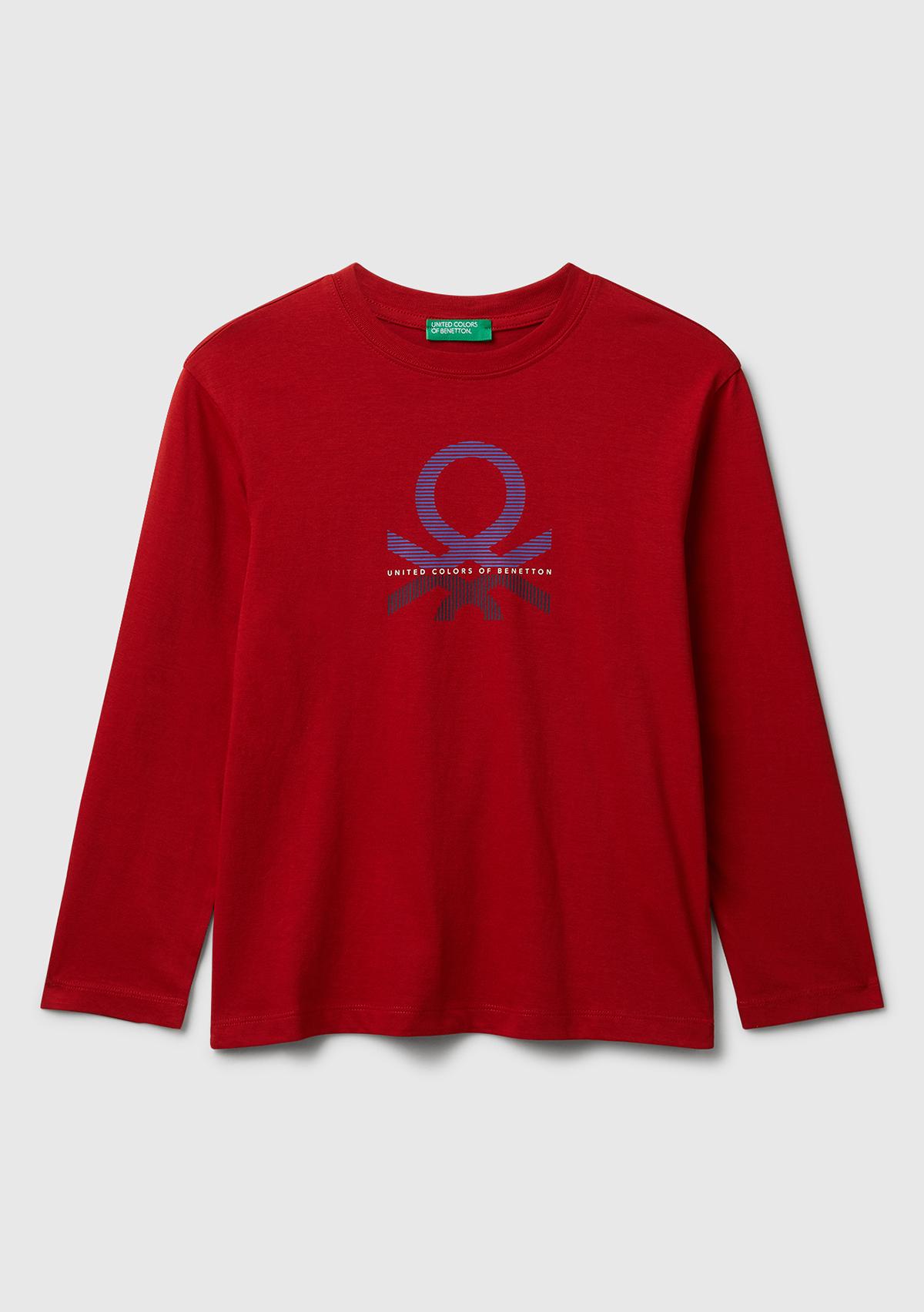  Erkek Çocuk Kırmızı Önü Logo Baskılı Bisiklet Yaka Jarse Uzun Kollu T-shirt