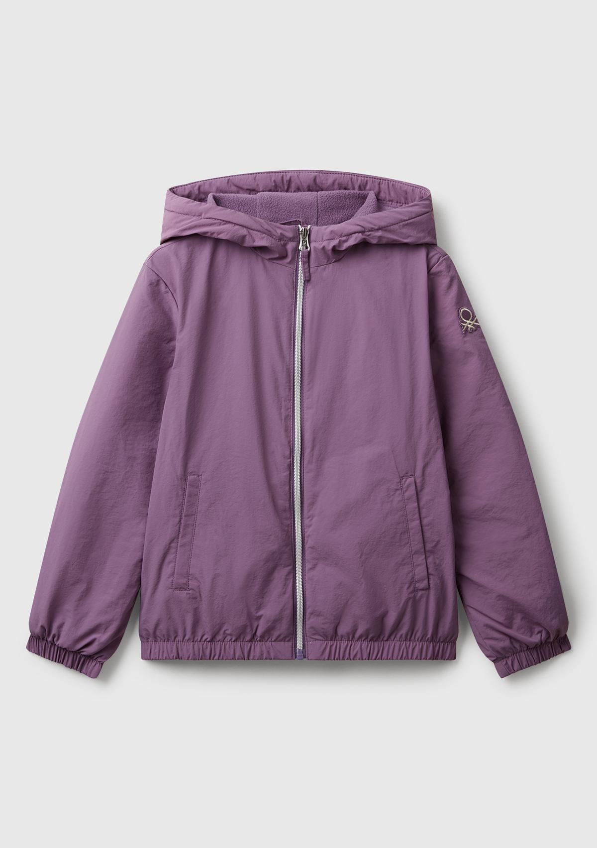  Kız Çocuk Mor Simli Logo Detaylı Cepli Kapüşonlu Jarse Yağmurluk