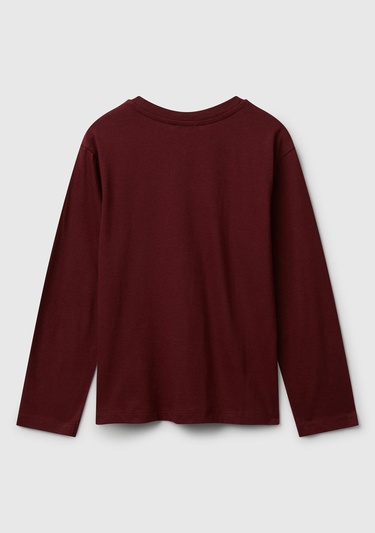  Erkek Çocuk Bordo Önü Logo Baskılı Bisiklet Yaka Jarse Uzun Kollu T-shirt