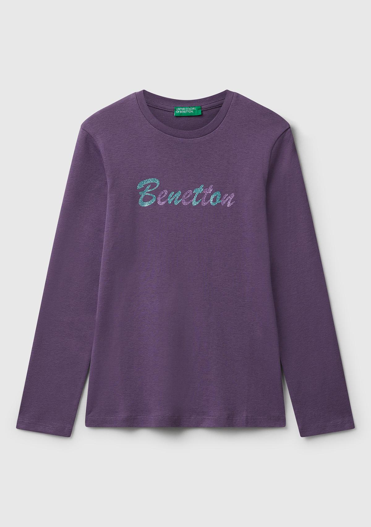  Kız Çocuk Mor Parıltılı Logo Baskılı Regular Fit Uzun Kollu T-shirt