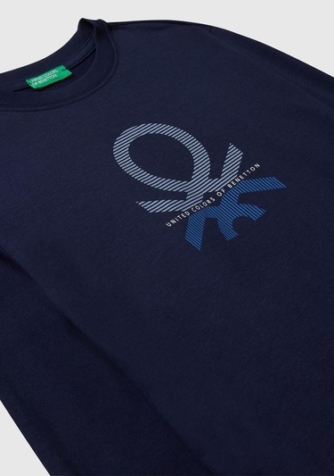  Erkek Çocuk Lacivert Önü Logo Baskılı Bisiklet Yaka Jarse Uzun Kollu T-shirt