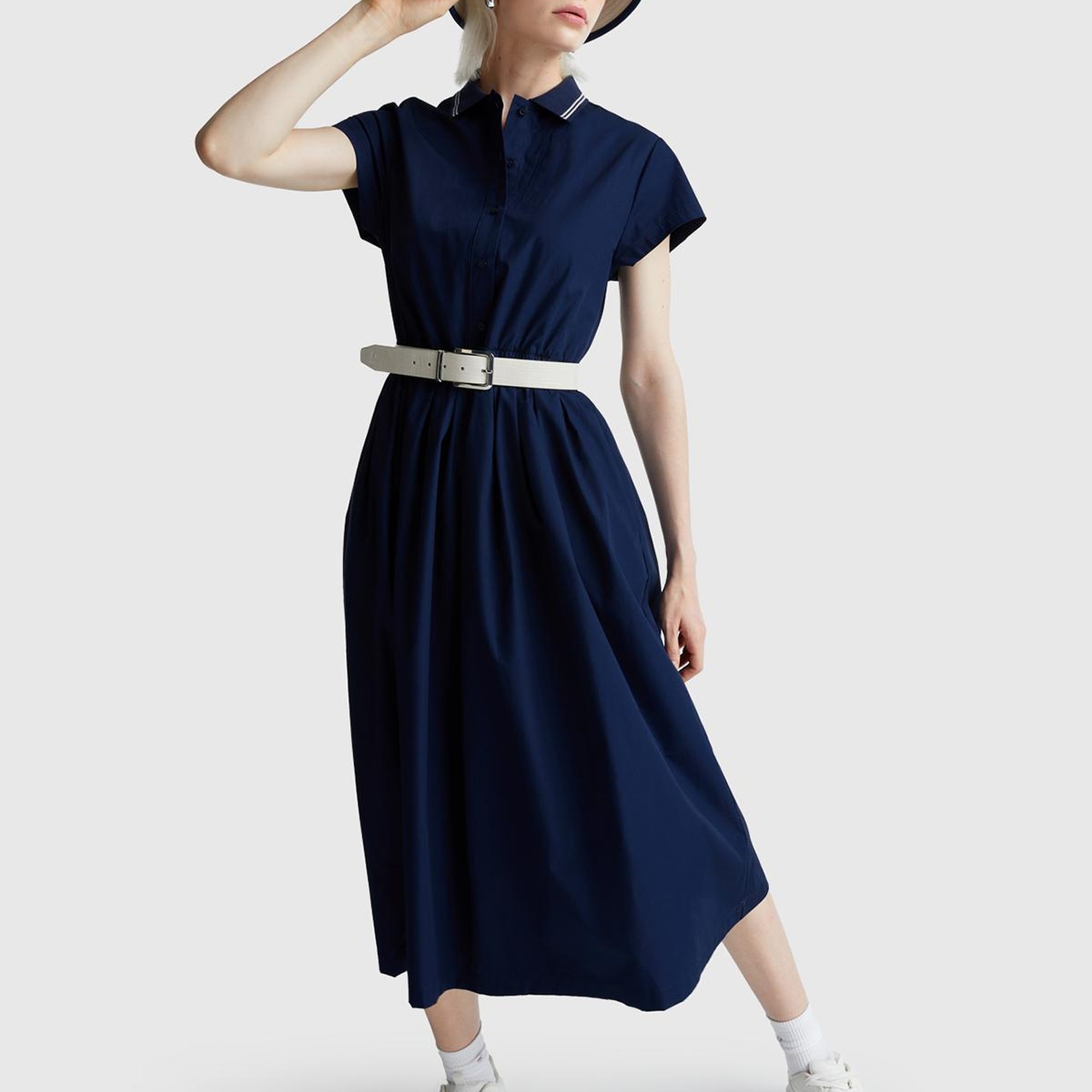 Kadın Lacivert %100 Pamuk Düğmeli Beli Bağcıklı Gömlek Yaka Elbise