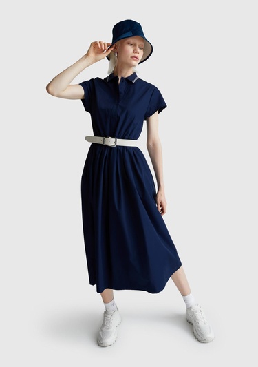  Kadın Lacivert %100 Pamuk Düğmeli Beli Bağcıklı Gömlek Yaka Elbise