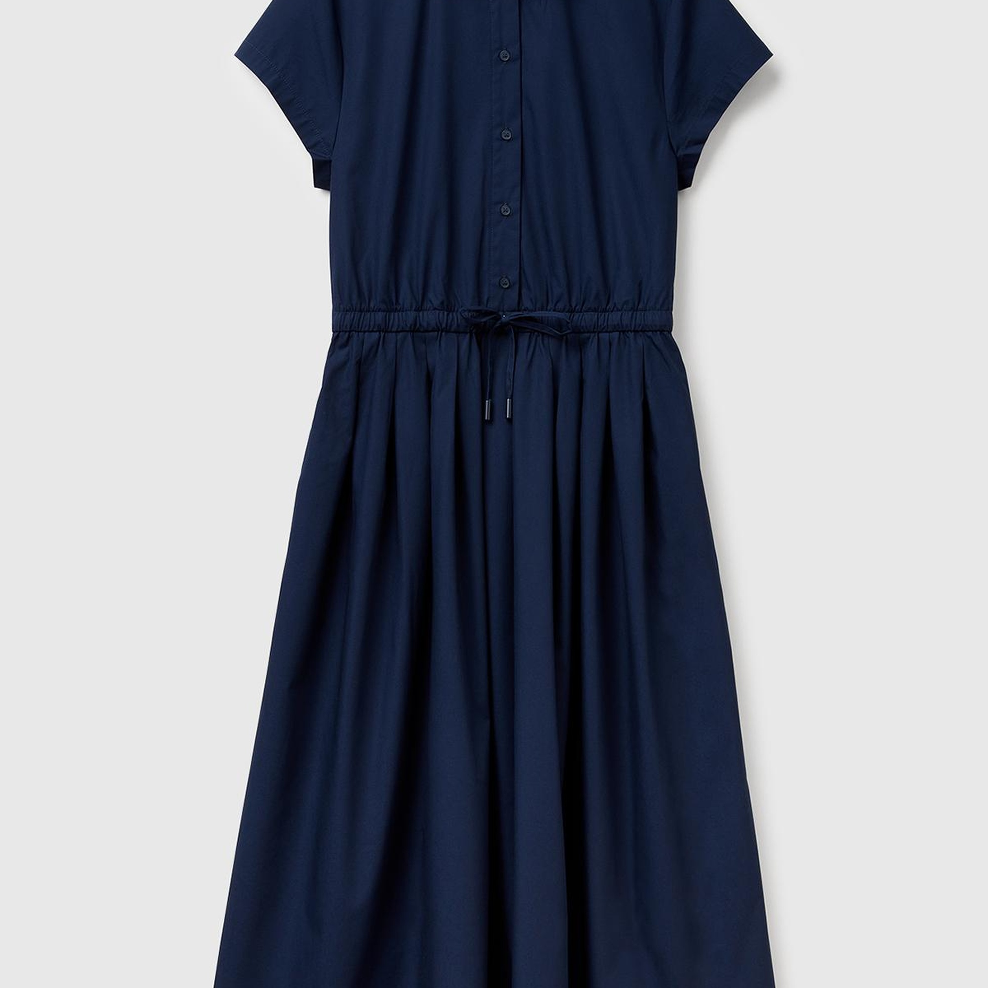 Kadın Lacivert %100 Pamuk Düğmeli Beli Bağcıklı Gömlek Yaka Elbise