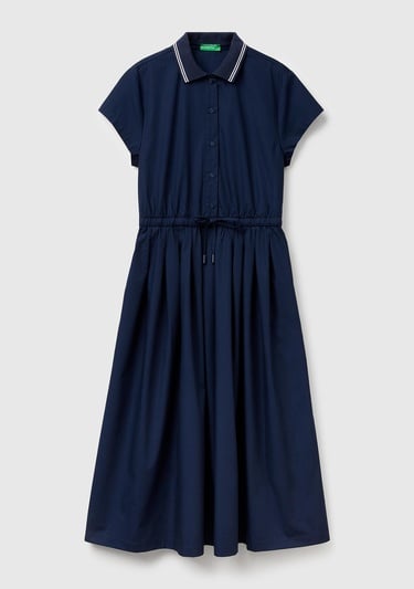  Kadın Lacivert %100 Pamuk Düğmeli Beli Bağcıklı Gömlek Yaka Elbise