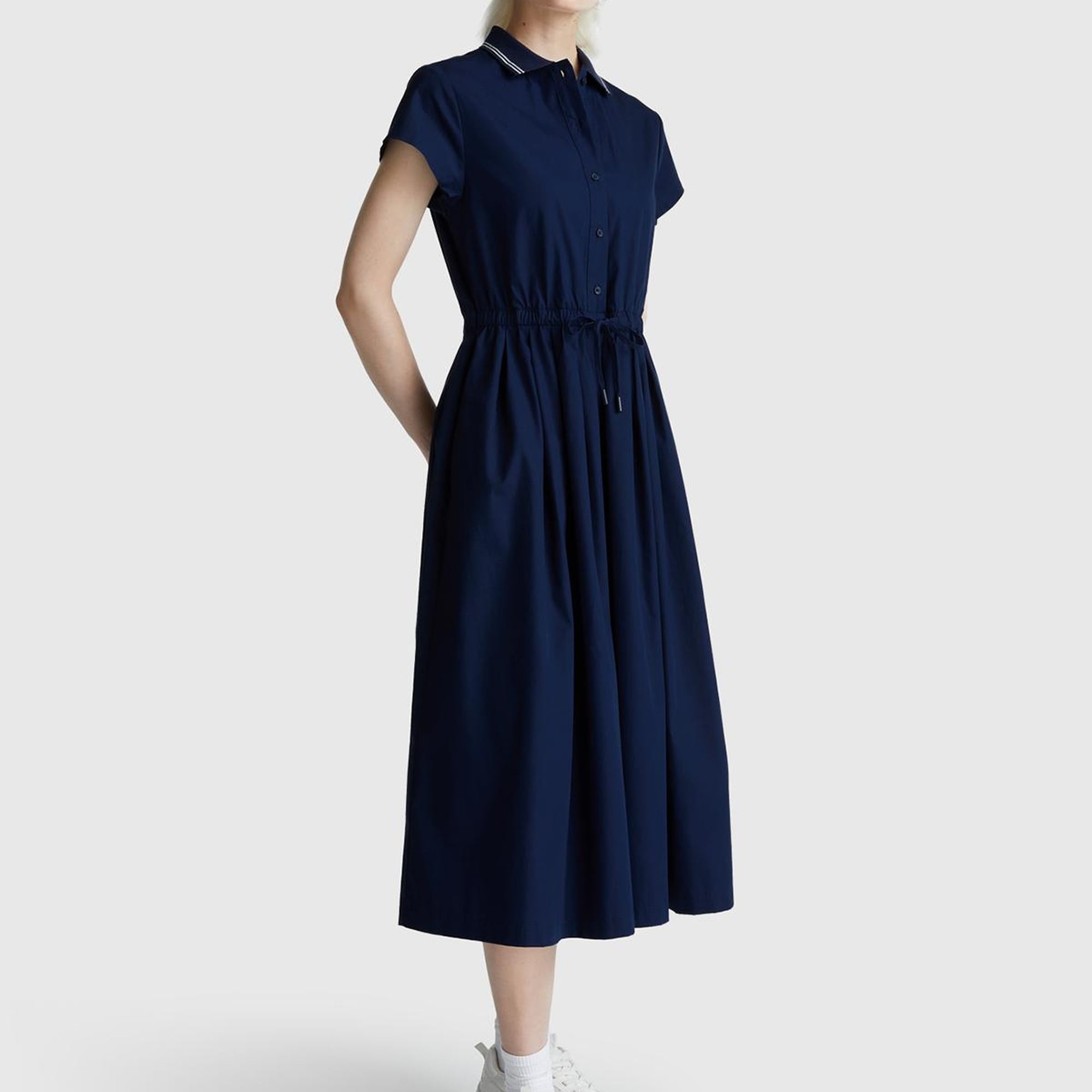 Kadın Lacivert %100 Pamuk Düğmeli Beli Bağcıklı Gömlek Yaka Elbise