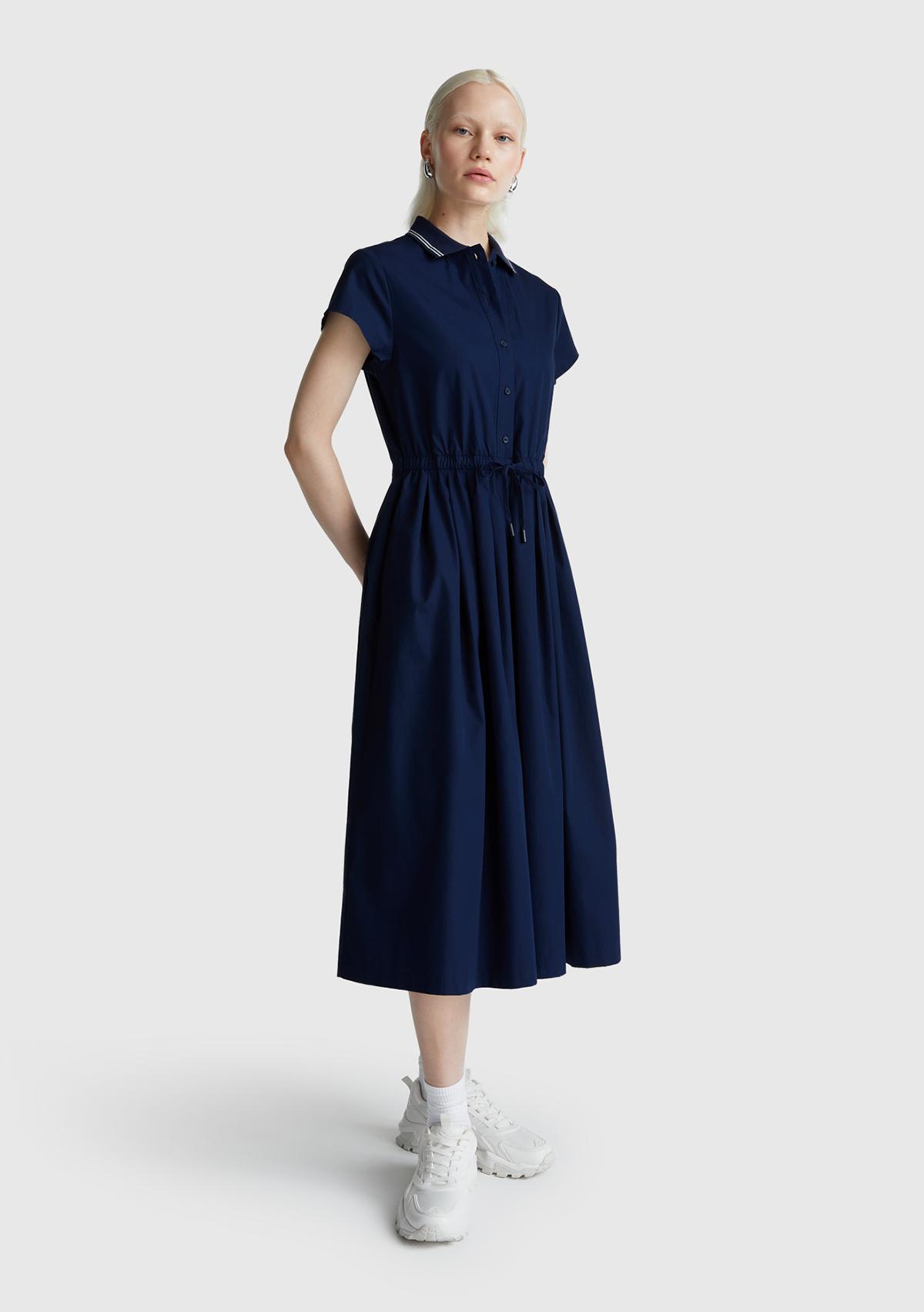  Kadın Lacivert %100 Pamuk Düğmeli Beli Bağcıklı Gömlek Yaka Elbise