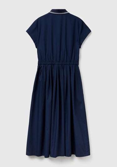  Kadın Lacivert %100 Pamuk Düğmeli Beli Bağcıklı Gömlek Yaka Elbise