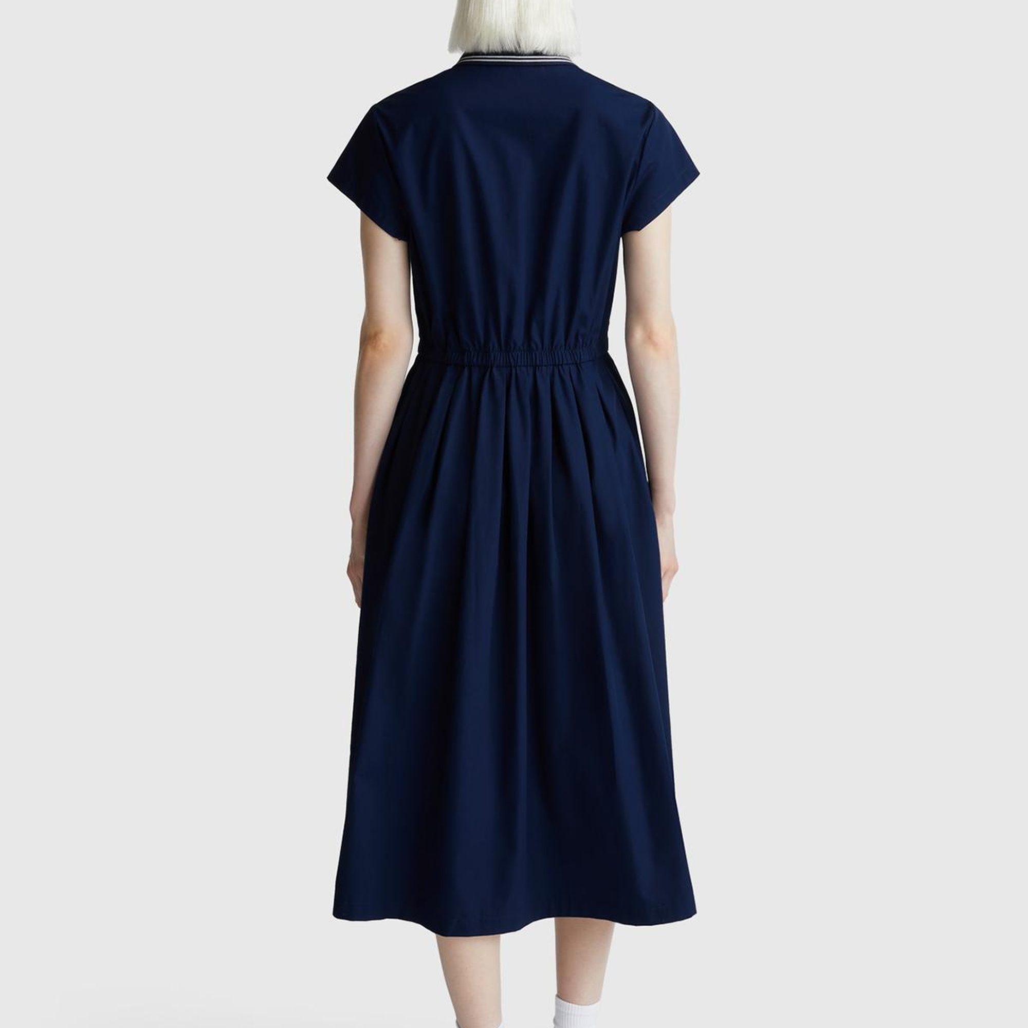 Kadın Lacivert %100 Pamuk Düğmeli Beli Bağcıklı Gömlek Yaka Elbise