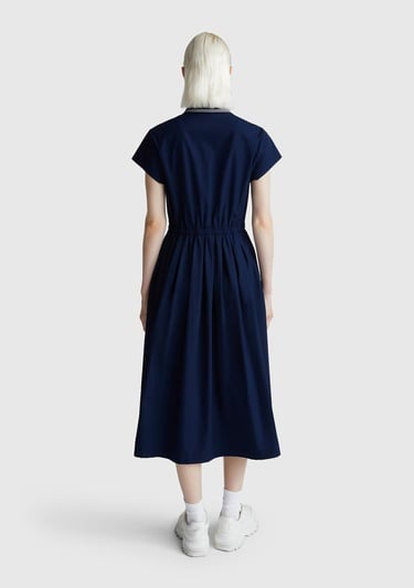  Kadın Lacivert %100 Pamuk Düğmeli Beli Bağcıklı Gömlek Yaka Elbise