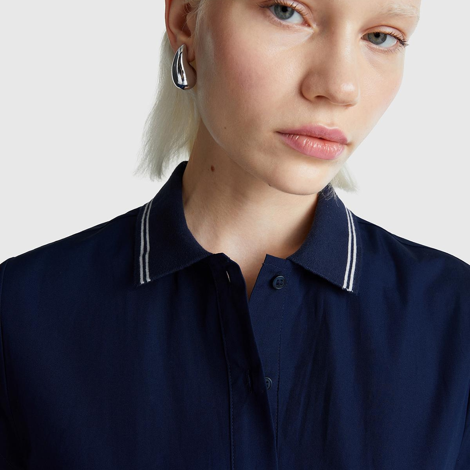 Kadın Lacivert %100 Pamuk Düğmeli Beli Bağcıklı Gömlek Yaka Elbise