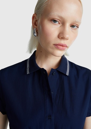  Kadın Lacivert %100 Pamuk Düğmeli Beli Bağcıklı Gömlek Yaka Elbise