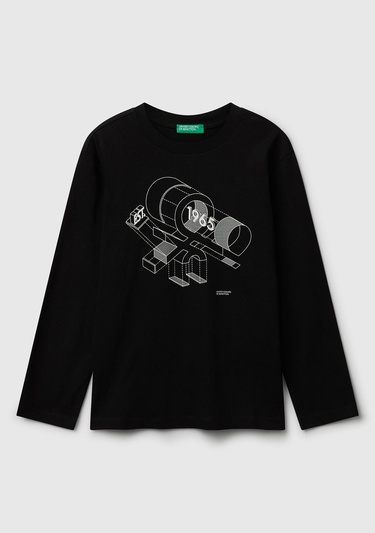  Erkek Çocuk Siyah Önü Logo Baskılı Bisiklet Yaka Jarse Uzun Kollu T-shirt