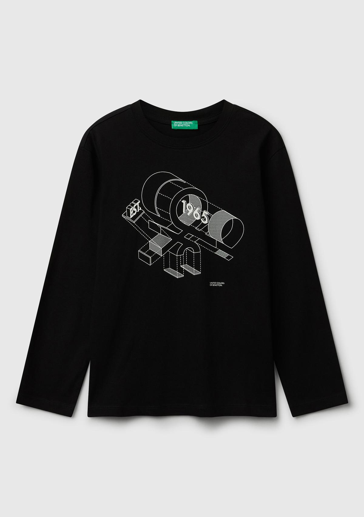  Erkek Çocuk Siyah Önü Logo Baskılı Bisiklet Yaka Jarse Uzun Kollu T-shirt