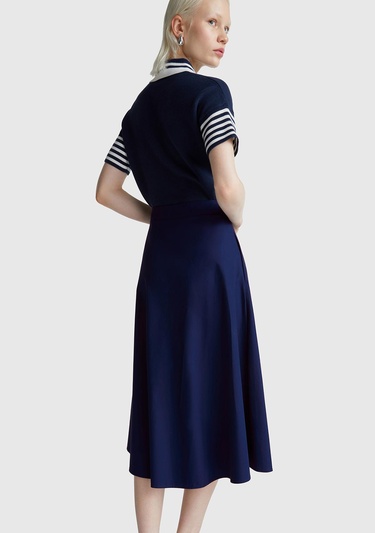  Kadın Lacivert Pamuk Karışımlı Pile Detaylı Midi Etek