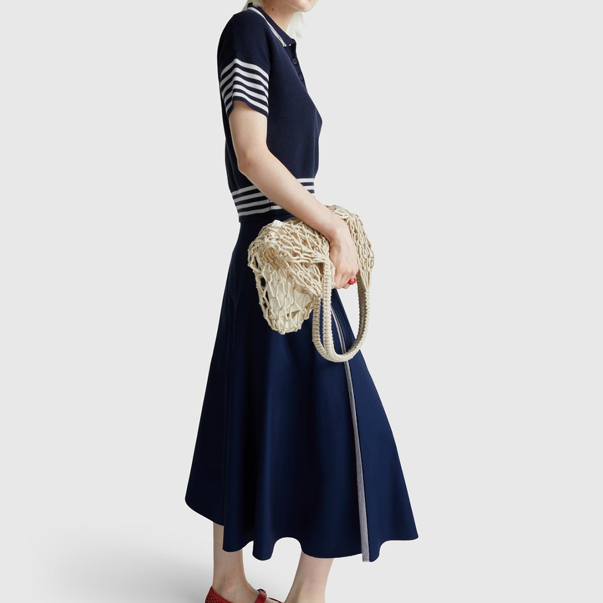 Kadın Lacivert Pamuk Karışımlı Pile Detaylı Midi Etek