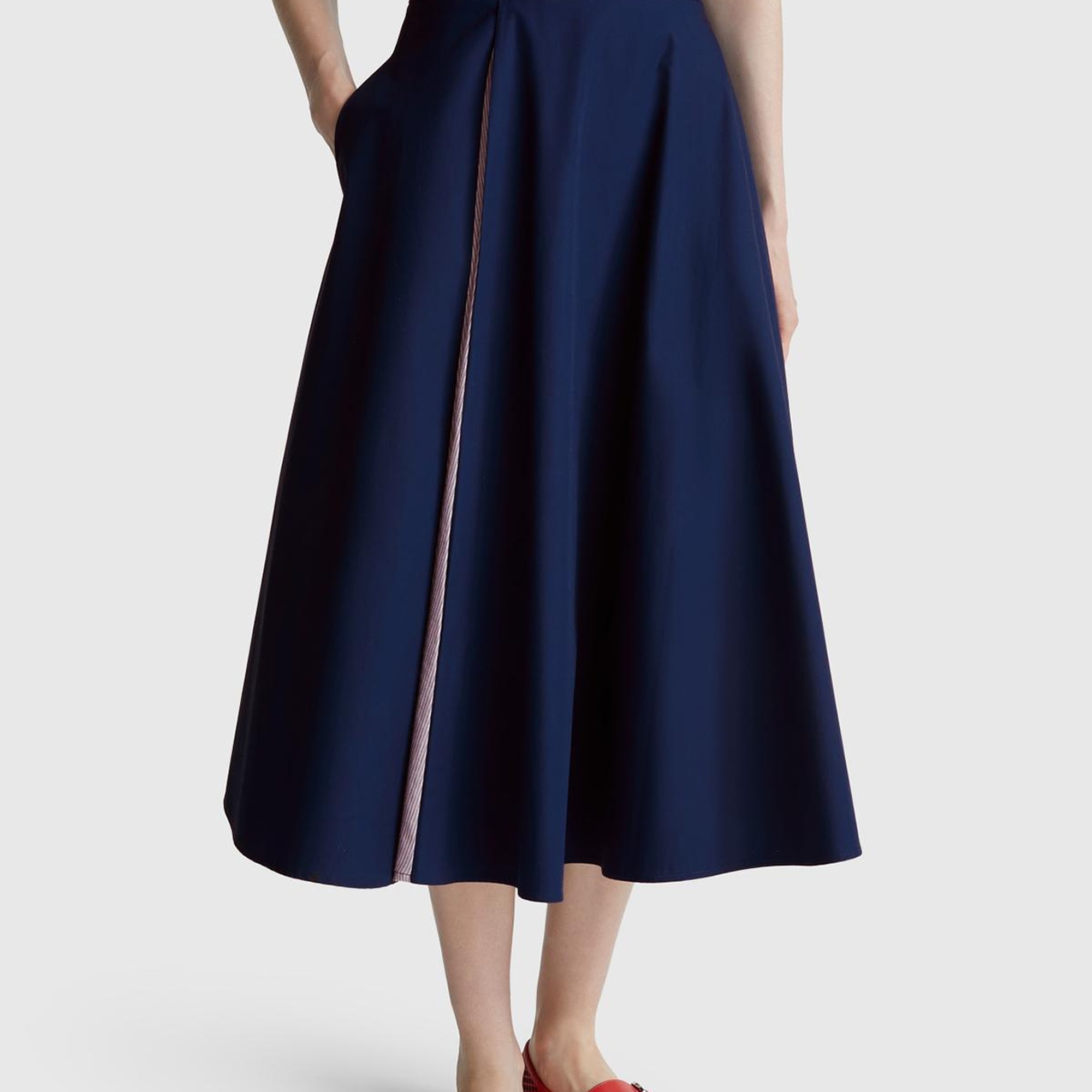 Kadın Lacivert Pamuk Karışımlı Pile Detaylı Midi Etek