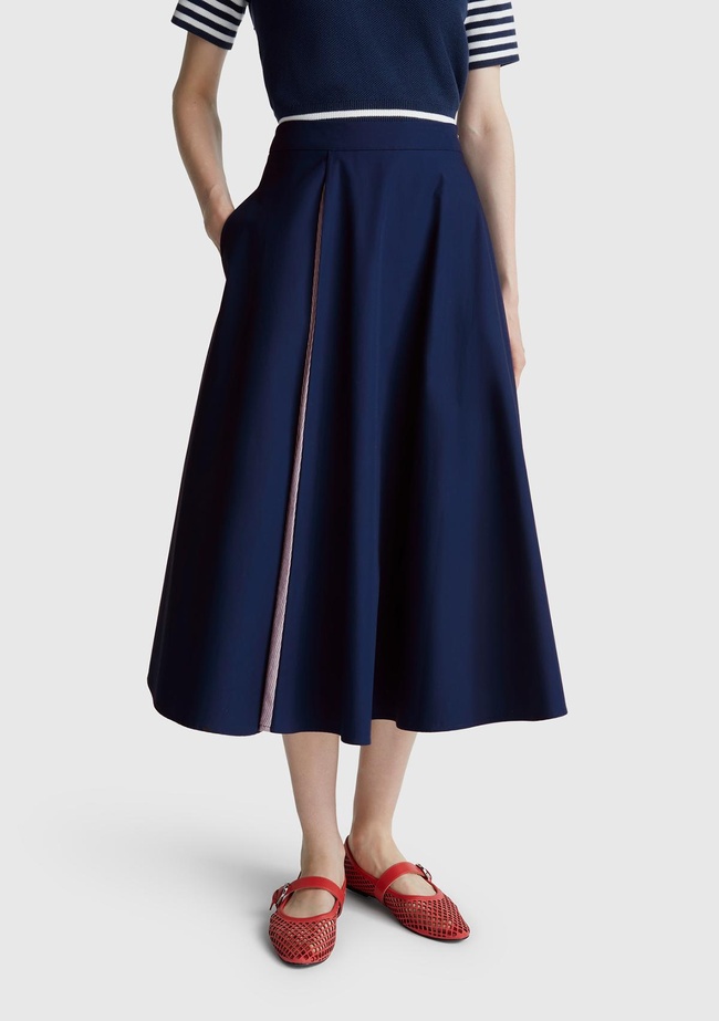  Kadın Lacivert Pamuk Karışımlı Pile Detaylı Midi Etek