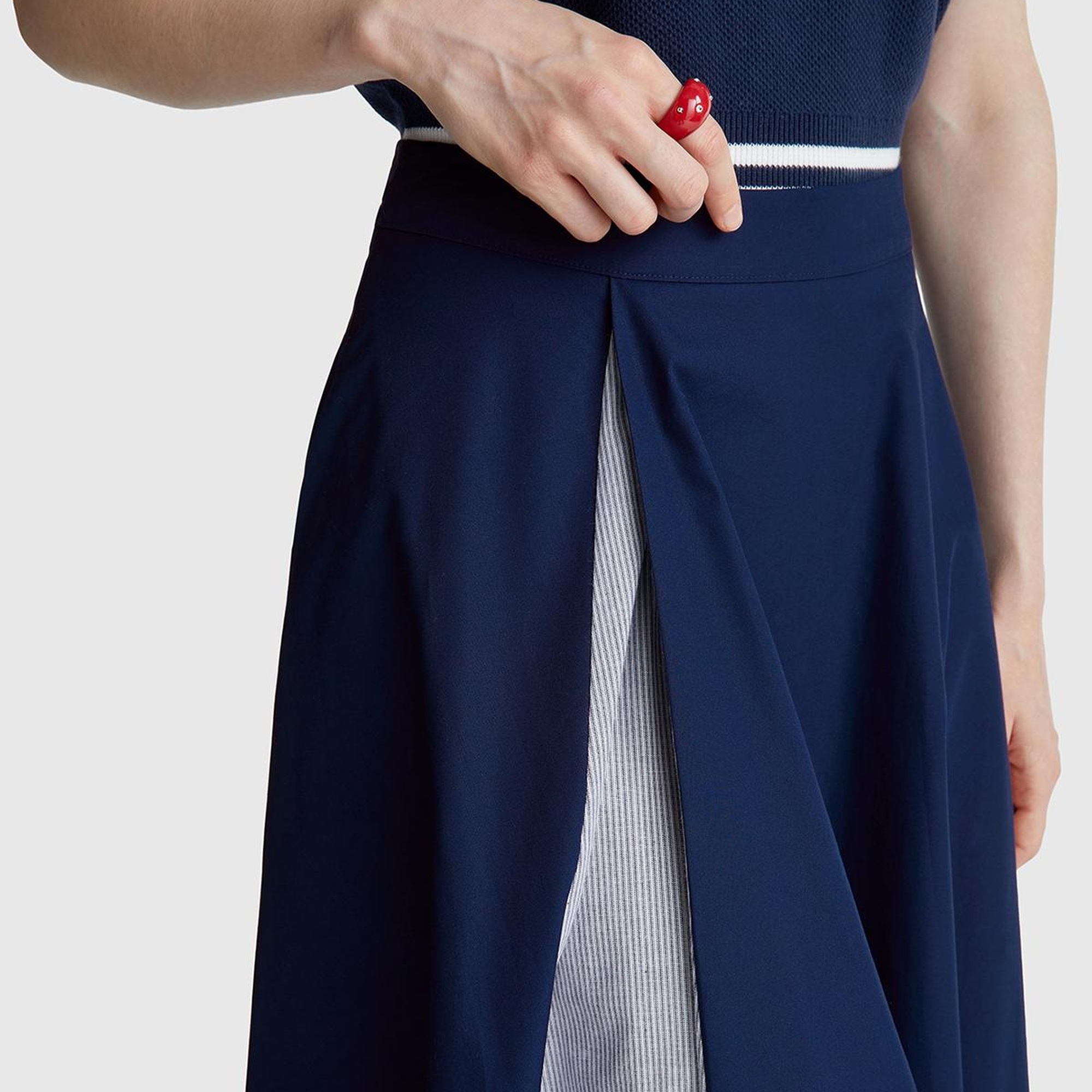 Kadın Lacivert Pamuk Karışımlı Pile Detaylı Midi Etek