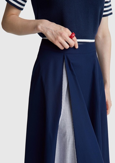  Kadın Lacivert Pamuk Karışımlı Pile Detaylı Midi Etek