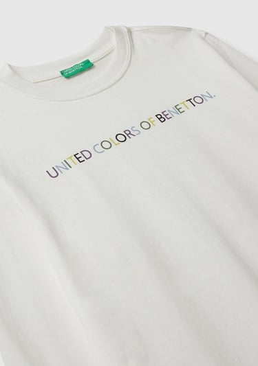  Erkek Çocuk Ekru Önü Logo Baskılı Bisiklet Yaka Jarse Uzun Kollu T-shirt