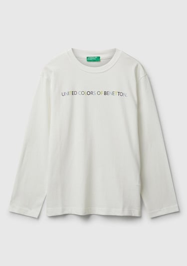  Erkek Çocuk Ekru Önü Logo Baskılı Bisiklet Yaka Jarse Uzun Kollu T-shirt