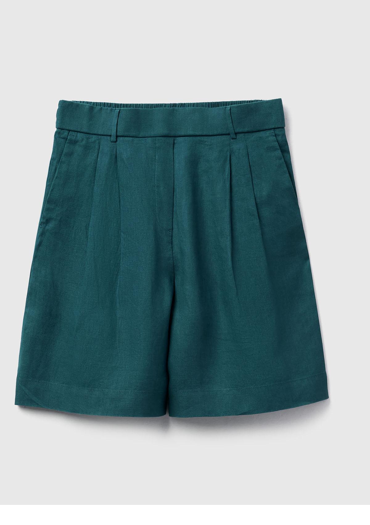  Kadın Koyu Yeşil %100 Keten Arka Beli Lastikli Pileli Relax Fit Bermuda Şort