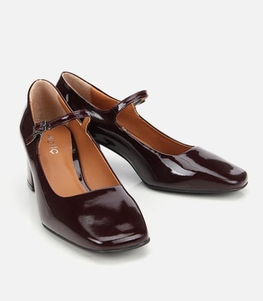  Kadın Rugan Deri Bordo Mary Jane Kalın Topuklu Ayakkabı