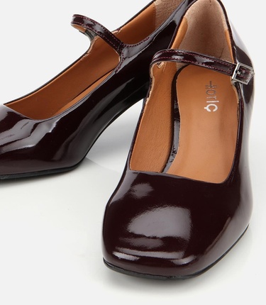  Kadın Rugan Deri Bordo Mary Jane Kalın Topuklu Ayakkabı
